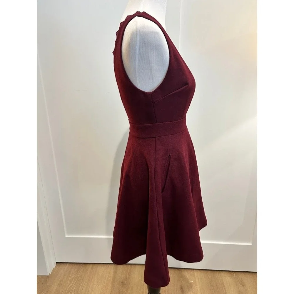 Burgundy Plunge V‎ Neck Lace Trim Wool Dress Women's Schoolgirl Anime